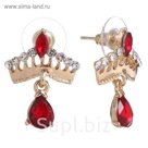 Серьги со стразами "Корона" с каплей, цвет красно-белый в золоте
