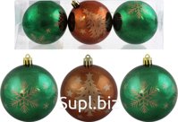 Christmas tree balls, 3 pcs, 8 cm diameter, Snowy Ideas. Color: emerald + golden-brown.