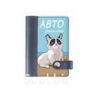 Обложка на автодокументы на кнопке комбинированная "Кот АВТОдокументы", синяя белая вставка   733253