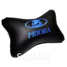 Подушка автомобильная на подголовник, косточка, PRIORA синяя вышивка ортопедическая. эко-кожа, в уп