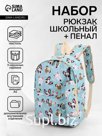 Набор: рюкзак школьный и пенал, с карманами, с рисунком, размер 29×12×41 см, голубой