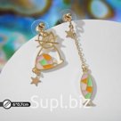 Серьги с эмалью «Ночь» кот и рыбка, цветные в золоте