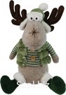 A soft toy deer in a fur vest sits. Color: green. Size: 20x15x28 cm.