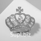 Брошь "Корона" сердце, цвет белый в серебре