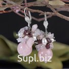 Серьги шар №14 "Кварц розовый" с жемчугом, гроздь