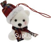 New Year's decoration, hanging: White bear in a checkered hat. Color: white + red. Size: 6x3.5x6 cm.