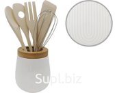 Relief stand with kitchen utensils, 5 items Material: porcelain, bamboo, stainless steel